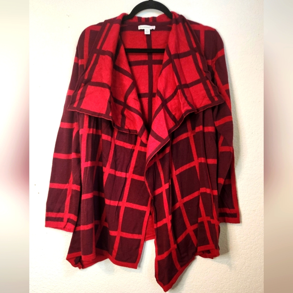 Isaac Mizrahi Live Red and Maroon Geometric Print Open Front Cardigan, Size L